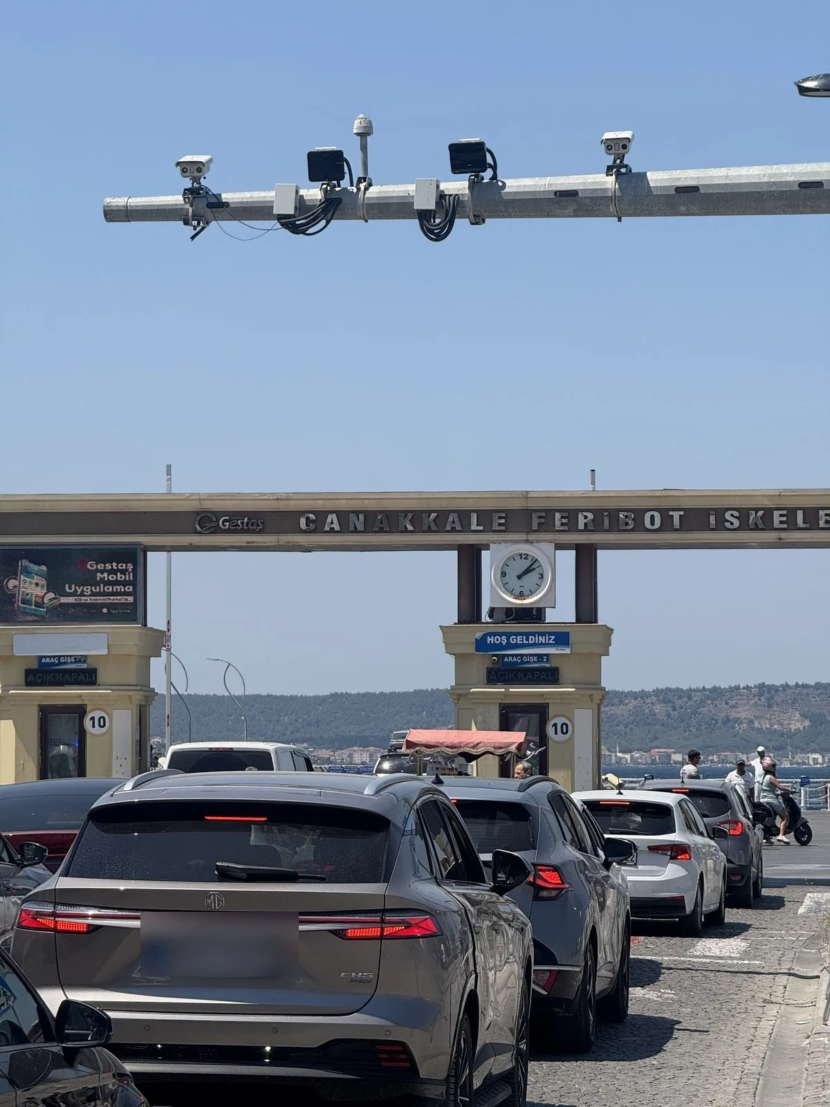 Cars waiting in line at Çanakkale Ferry Terminal vehicle booths, July 19, 2026