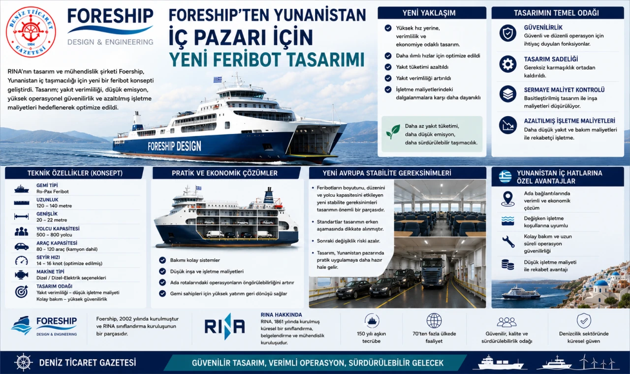 Foreship'in Yunanistan iç hatları için tasarladığı yeni Ro-Pax feribot konsepti ve teknik özelliklerini gösteren infografik